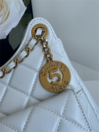 Ch*el hobo handbag shiny crumpled  calfskin gold tone metal white as4322