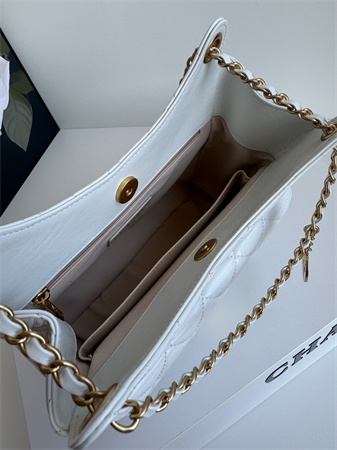 Ch*el hobo handbag shiny crumpled  calfskin gold tone metal white as4322