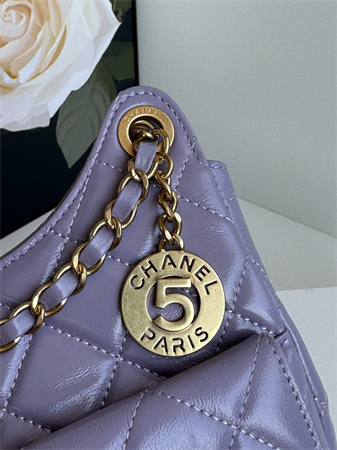 Ch*el hobo handbag shiny crumpled  calfskin gold tone metal lt pruple as4322