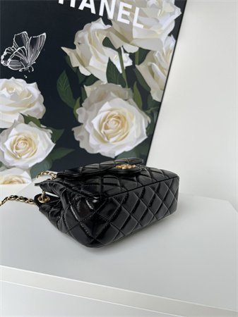 Ch*el small hobo handbag shiny crumpled calfskin gold tone metal black as4323