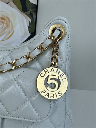 Ch*el small hobo handbag shiny crumpled  calfskin gold tone metal white as4323