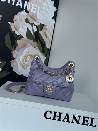 Ch*el small hobo handbag shiny crumpled  calfskin gold tone metal lt pruple as4323