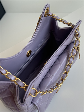 Ch*el small hobo handbag shiny crumpled  calfskin gold tone metal lt pruple as4323