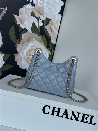 Ch*el small hobo handbag shiny crumpled  calfskin gold tone metal blue as4323