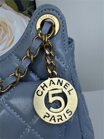 Ch*el small hobo handbag shiny crumpled  calfskin gold tone metal blue as4323