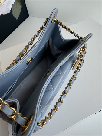 Ch*el small hobo handbag shiny crumpled  calfskin gold tone metal blue as4323