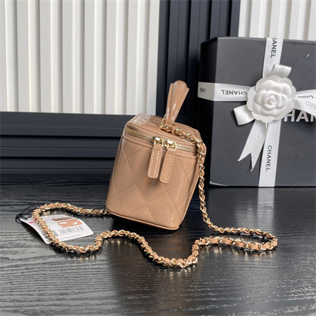 Ch*el vanity with chain patent calfskin gold-tone metal beige ap2199