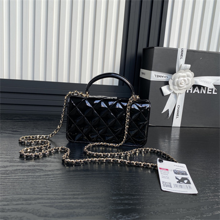 Ch*el flap phone holder with chain patent calfskin gold-tone metal black ap3226