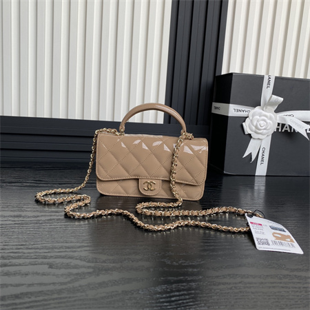 Ch*el flap phone holder with chain patent calfskin gold-tone metal beige ap3226