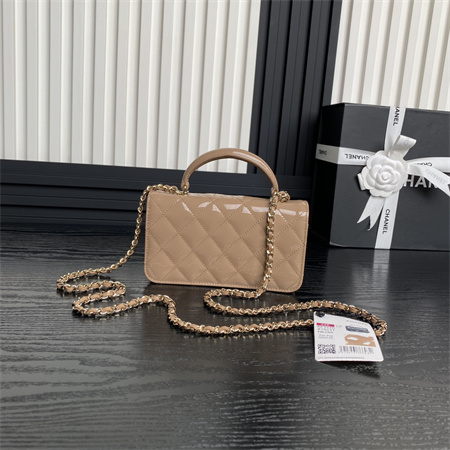 Ch*el flap phone holder with chain patent calfskin gold-tone metal beige ap3226