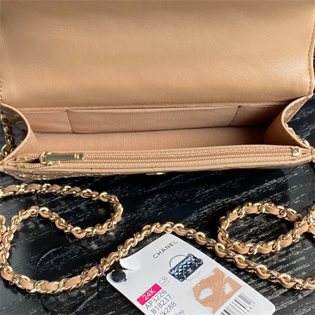 Ch*el flap phone holder with chain patent calfskin gold-tone metal beige ap3226