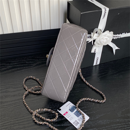 Ch*el mini flap bag with top handle patent calfskin gold tone metal grey as2431