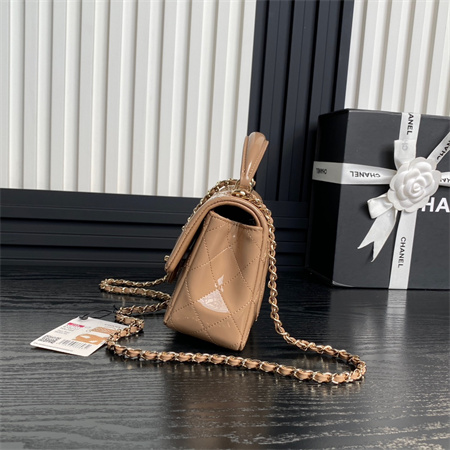 Ch*el mini flap bag with top handle patent calfskin gold tone metal beige as2431