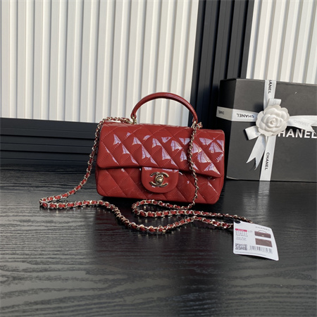 Ch*el mini flap bag with top handle patent calfskin gold tone metal red as2431