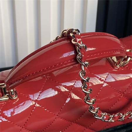 Ch*el mini flap bag with top handle patent calfskin gold tone metal red as2431