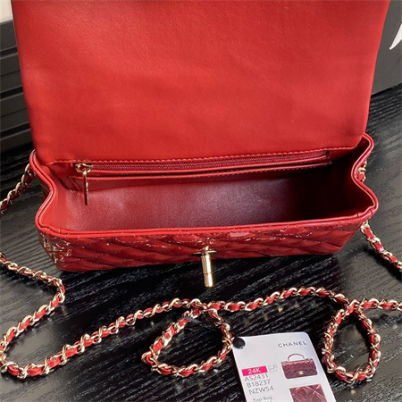 Ch*el mini flap bag with top handle patent calfskin gold tone metal red as2431