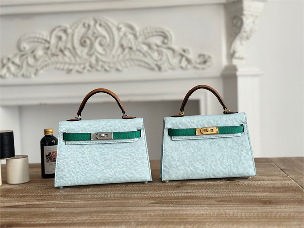 H**mes kelly mini ii bag epsom leather blue brume/vert jade/gold hs