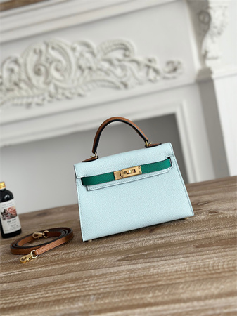 H**mes kelly mini ii bag epsom leather blue brume/vert jade/gold hs