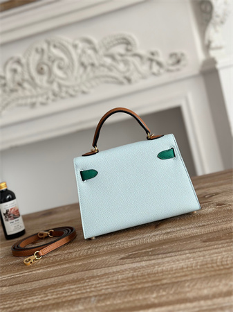 H**mes kelly mini ii bag epsom leather blue brume/vert jade/gold hs