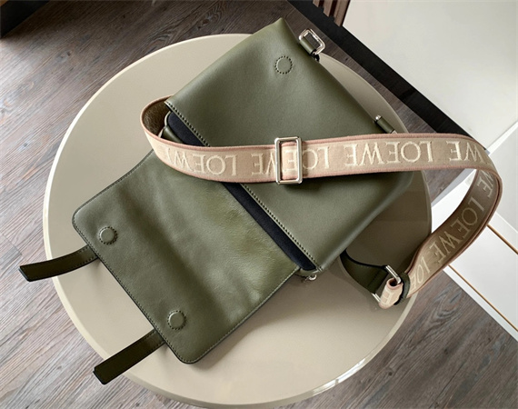 l0ew* xs military messenger bag in S*pple smooth calfskin and jacquard khaki green
