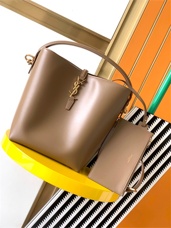 Y.S.L LE 37 In Shiny Leather Brown Bucket Bag