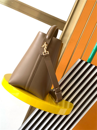 Y.S.L LE 37 In Shiny Leather Brown Bucket Bag