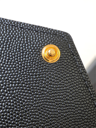 Y.S.L CASSANDRE MATELASS?? FRAGMENTS FLAP CARD CASE IN GRAIN DE POUDRE LEATHER Gold Tone Metal Black