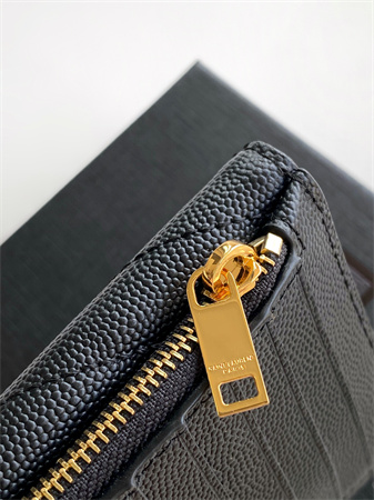 Y.S.L CASSANDRE MATELASS?? FRAGMENTS FLAP CARD CASE IN GRAIN DE POUDRE LEATHER Gold Tone Metal Black