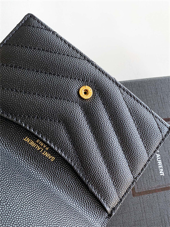 Y.S.L CASSANDRE MATELASS?? FRAGMENTS FLAP CARD CASE IN GRAIN DE POUDRE LEATHER Gold Tone Metal Black