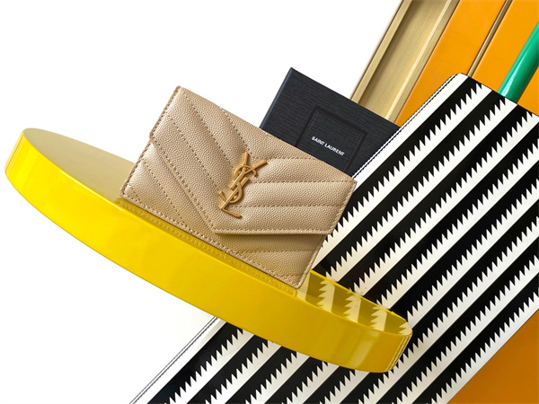 Y.S.L CASSANDRE MATELASS?? FRAGMENTS FLAP CARD CASE IN GRAIN DE POUDRE LEATHER Gold Tone Metal Beige