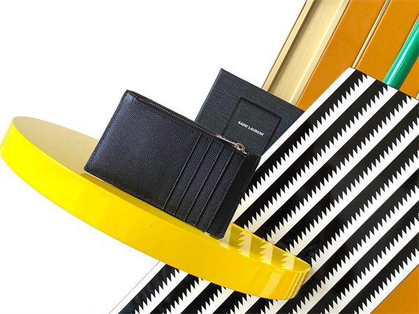 Y.S.L CASSANDRE MATELASS?? FRAGMENTS FLAP CARD CASE IN GRAIN DE POUDRE LEATHER Silver Tone Metal Black