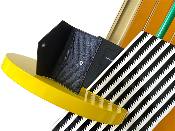 Y.S.L CASSANDRE MATELASS?? FRAGMENTS FLAP CARD CASE IN GRAIN DE POUDRE LEATHER Silver Tone Metal Black