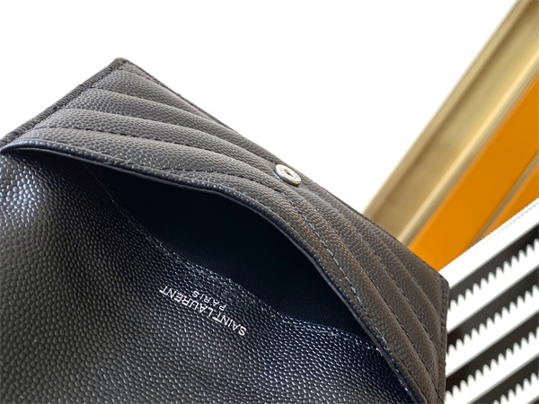 Y.S.L CASSANDRE MATELASS?? FRAGMENTS FLAP CARD CASE IN GRAIN DE POUDRE LEATHER Silver Tone Metal Black