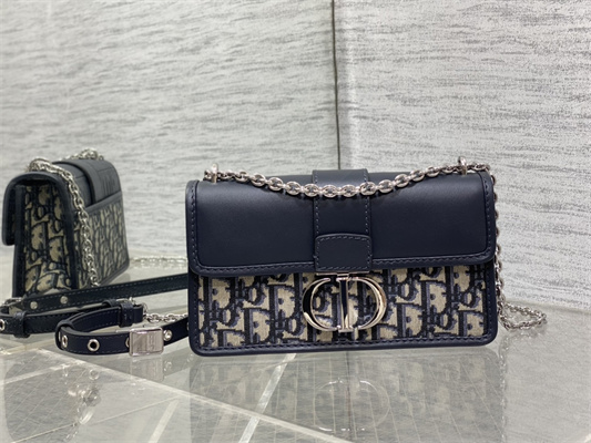 CD 30 Montaigne East-West Bag With Chain Blue Oblique Jacquard & Leather