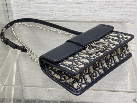 CD 30 Montaigne East-West Bag With Chain Blue Oblique Jacquard & Leather