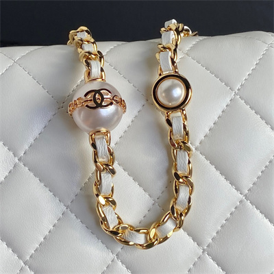 Ch*el flap phone holder with chain shiny lambskin, imitation pearls & gold-tone metal white ap4284