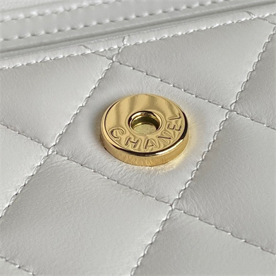 Ch*el flap phone holder with chain shiny lambskin, imitation pearls & gold-tone metal white ap4284