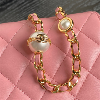 Ch*el flap phone holder with chain shiny lambskin, imitation pearls & gold-tone metal pink ap4284