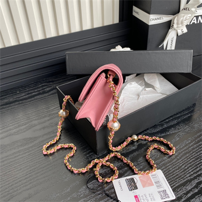 Ch*el flap phone holder with chain shiny lambskin, imitation pearls & gold-tone metal pink ap4284