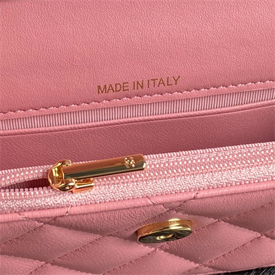 Ch*el flap phone holder with chain shiny lambskin, imitation pearls & gold-tone metal pink ap4284