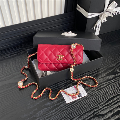 Ch*el flap phone holder with chain shiny lambskin, imitation pearls & gold-tone metal red ap4284