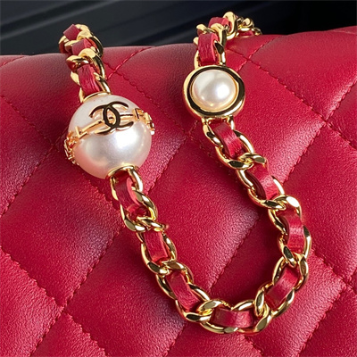 Ch*el flap phone holder with chain shiny lambskin, imitation pearls & gold-tone metal red ap4284