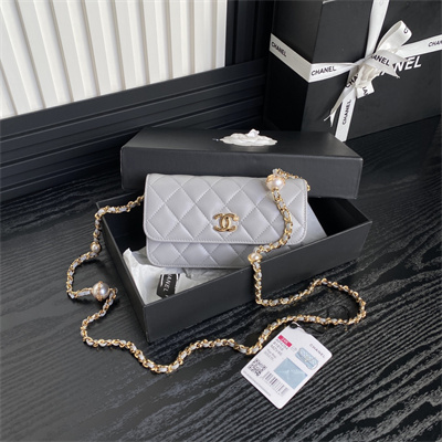 Ch*el flap phone holder with chain shiny lambskin, imitation pearls & gold-tone metal grey ap4284