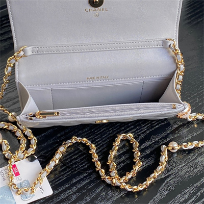 Ch*el flap phone holder with chain shiny lambskin, imitation pearls & gold-tone metal grey ap4284
