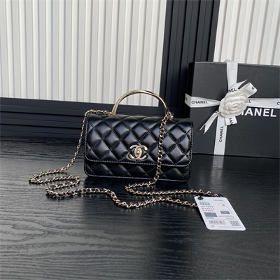 Ch*el clutch with chain lambskin, strass & gold-tone metal black  ap4293