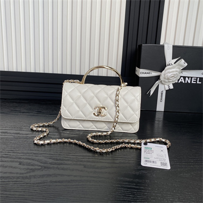 Ch*el clutch with chain lambskin, strass & gold-tone metal white  ap4293