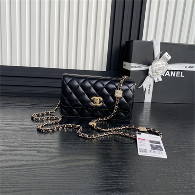 Ch*el clutch with chain lambskin, strass & gold-tone metal black ap4300