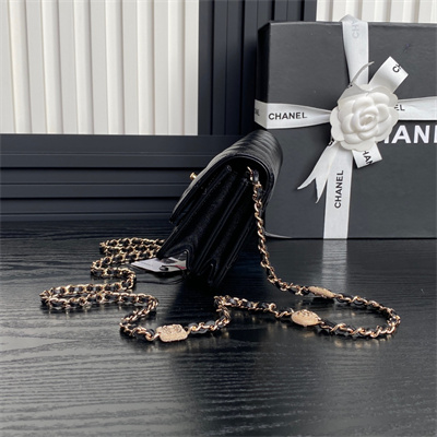 Ch*el clutch with chain lambskin, strass & gold-tone metal black ap4300