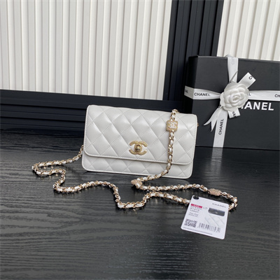 Ch*el clutch with chain lambskin, strass & gold-tone metal white ap4300