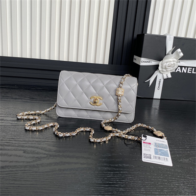 Ch*el clutch with chain lambskin, strass & gold-tone metal grey ap4300